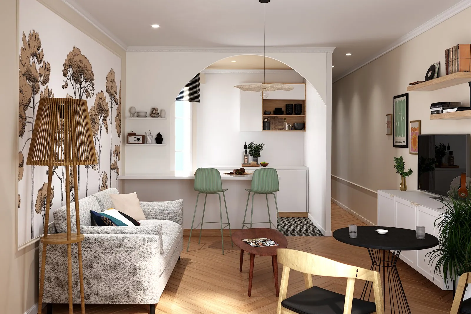 Rendu 3D d'un séjour avec cuisine ouverte sous une arche