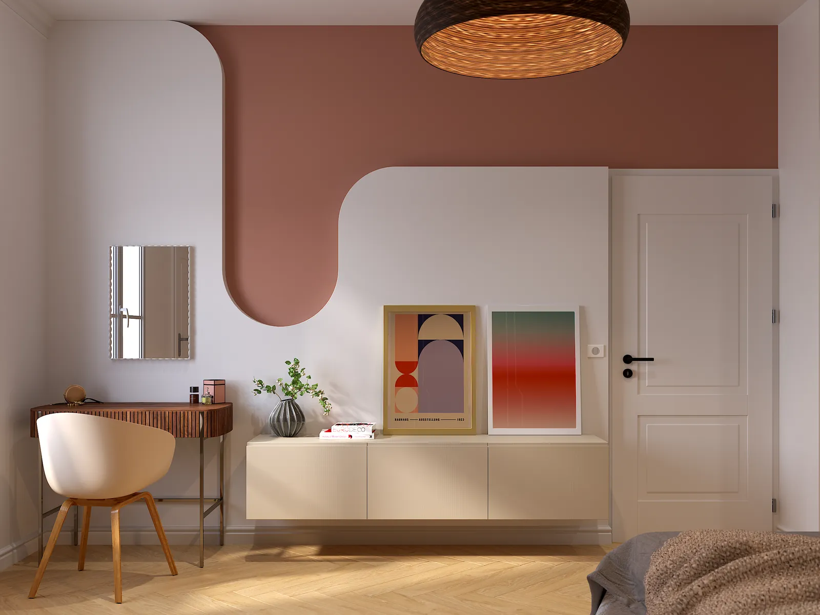 Rendu 3D d'une chambre avec mur en arrondi terracotta et coiffeuse