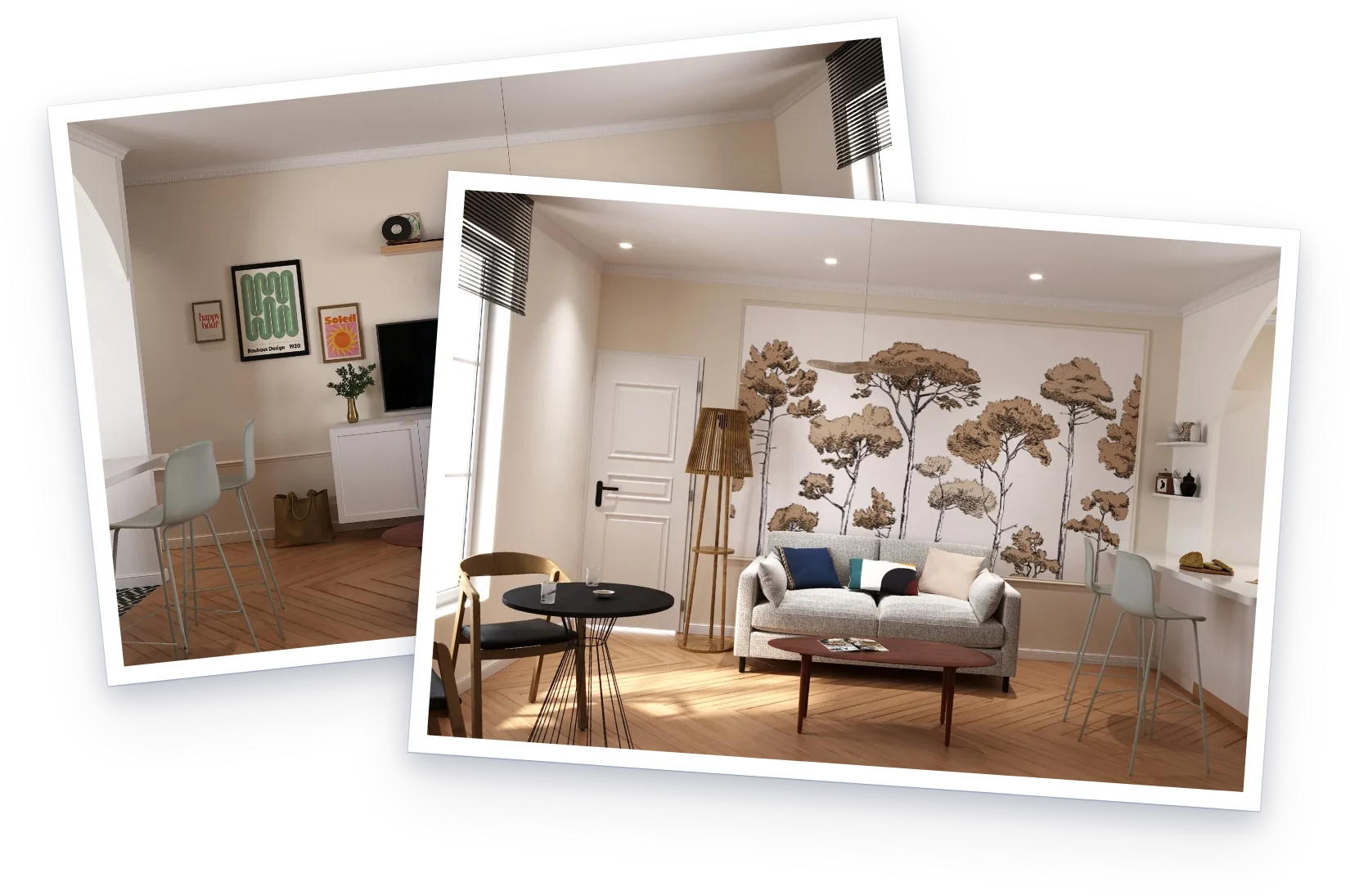 Deux rendus 3D d'un appartement, le salon et le coin télévision, présentés comme des tirages photo