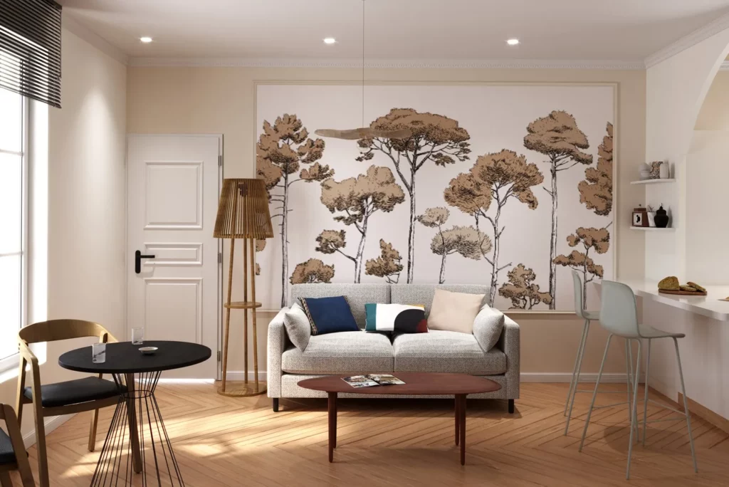 Rendu 3D du salon, canapé devant un panoramique d'arbres