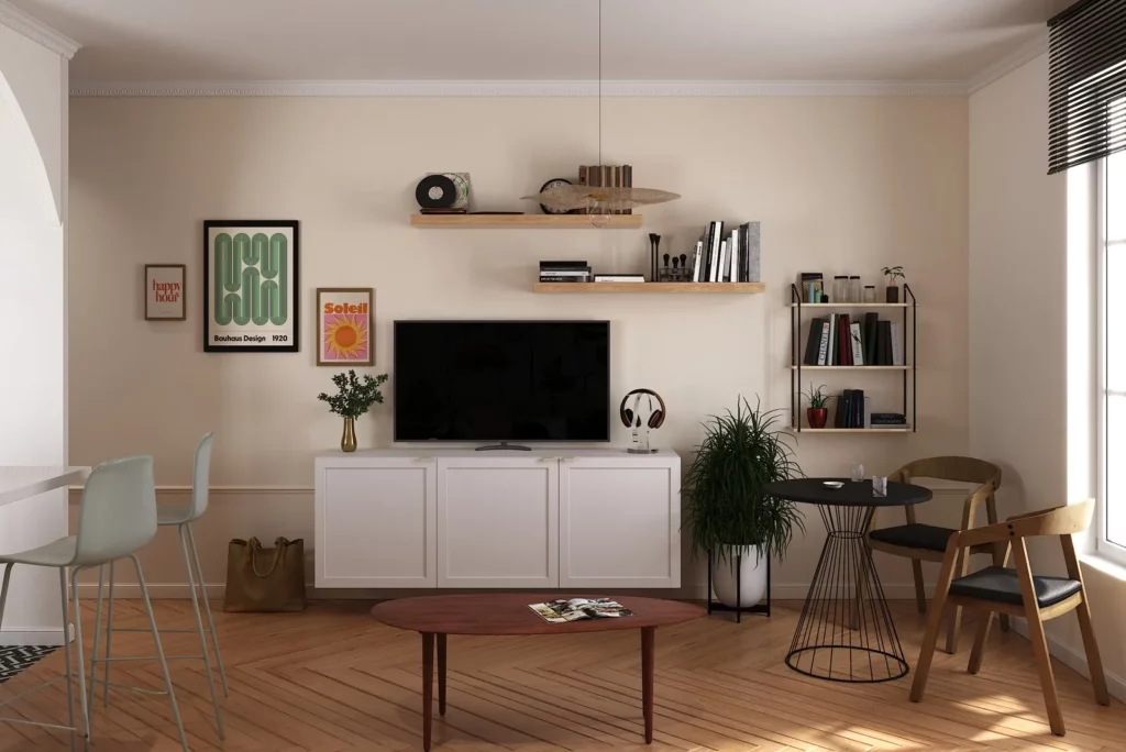 Rendu 3D du coin télévision et de la table bistrot